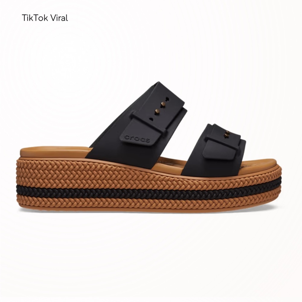 CROCS Brooklyn Woven Buckle Women's Black and Tan Platform Slides